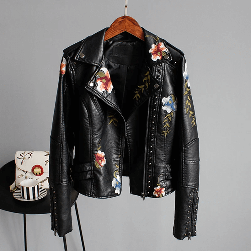 Lederjacke für Damen mit Blumenmuster