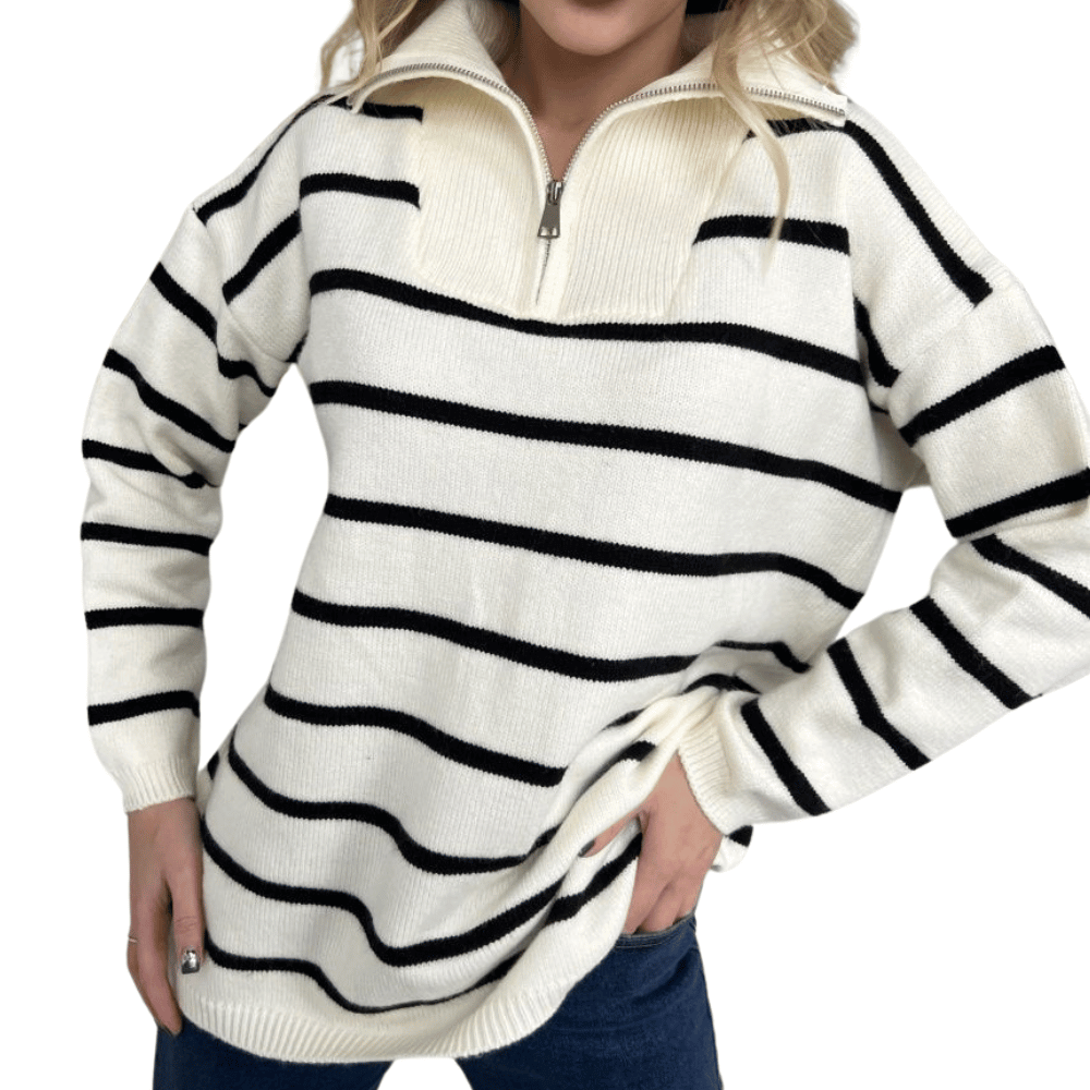 Lässiger Damen-Pullover mit Streifen und Reißverschluss