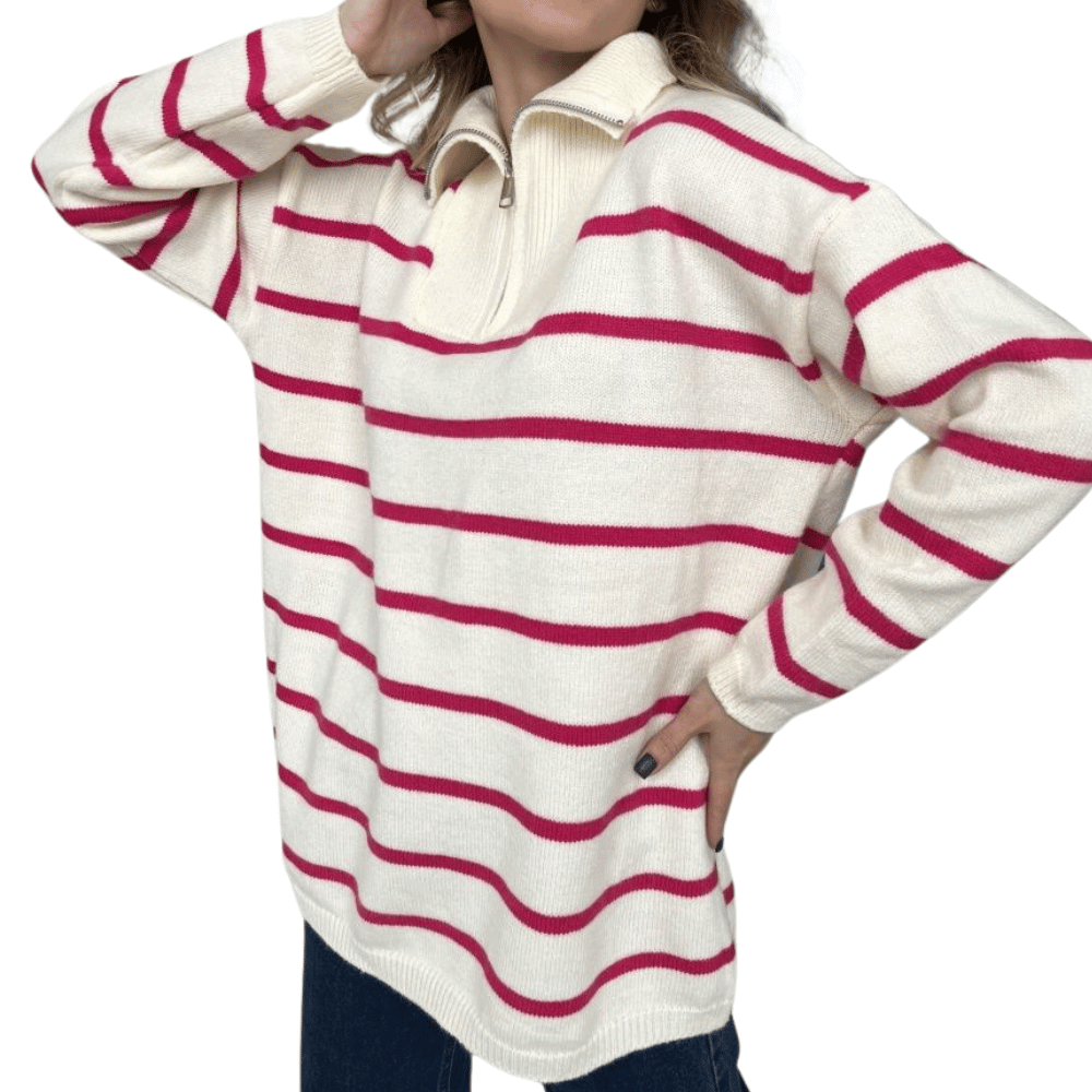 Lässiger Damen-Pullover mit Streifen und Reißverschluss