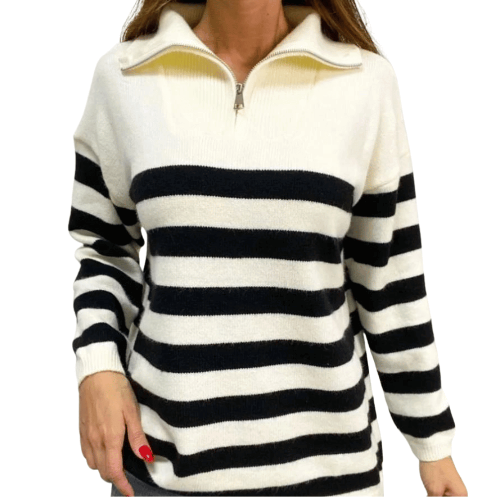 Gestreifter Damen-Pullover mit Reißverschlusskragen