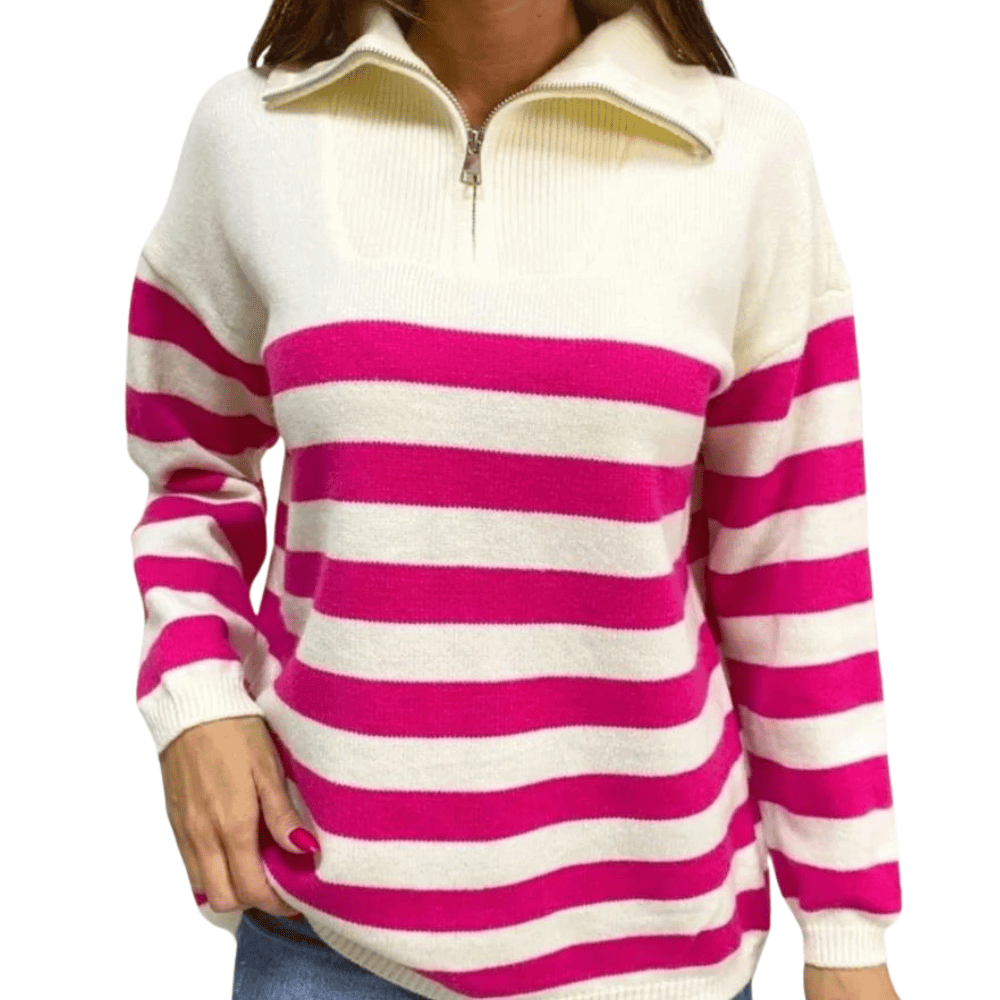 Gestreifter Damen-Pullover mit Reißverschlusskragen