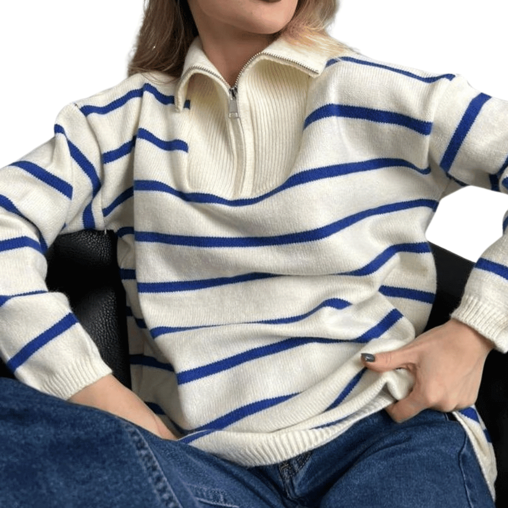Lässiger Damen-Pullover mit Streifen und Reißverschluss