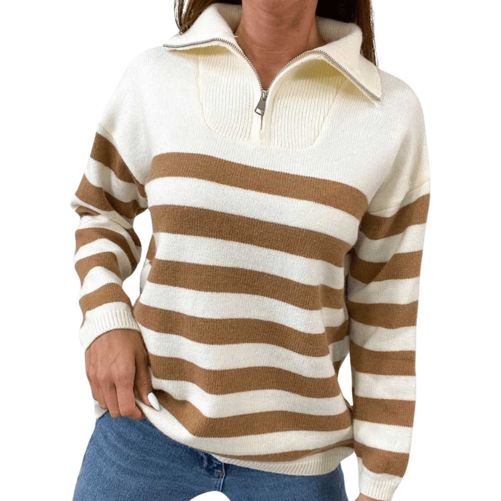 Gestreifter Damen-Pullover mit Reißverschlusskragen