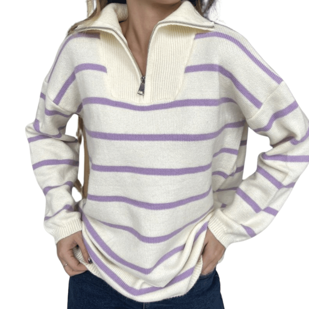 Lässiger Damen-Pullover mit Streifen und Reißverschluss