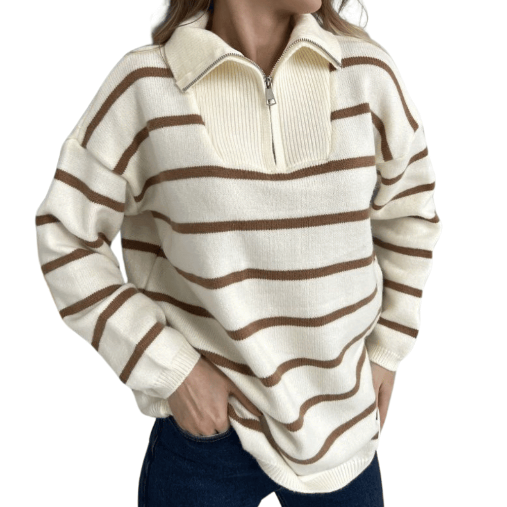 Lässiger Damen-Pullover mit Streifen und Reißverschluss