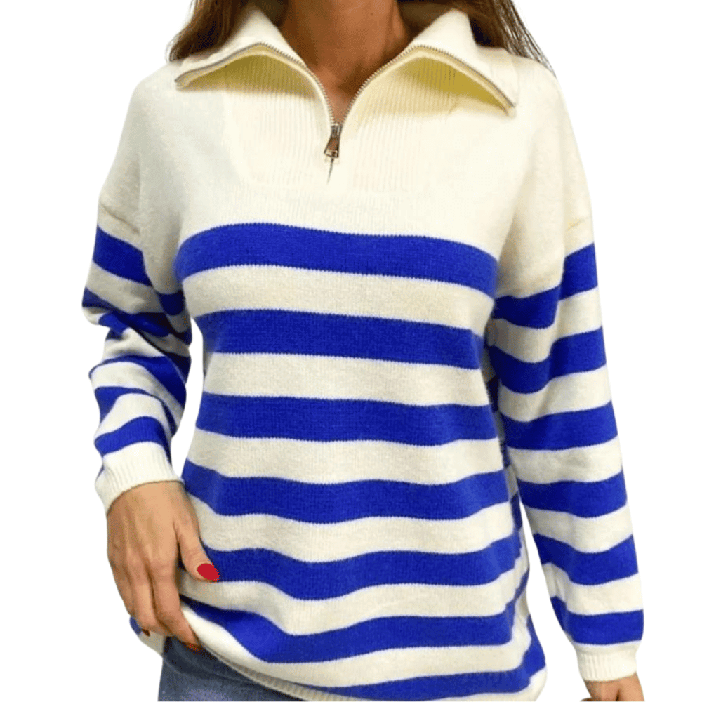 Gestreifter Damen-Pullover mit Reißverschlusskragen