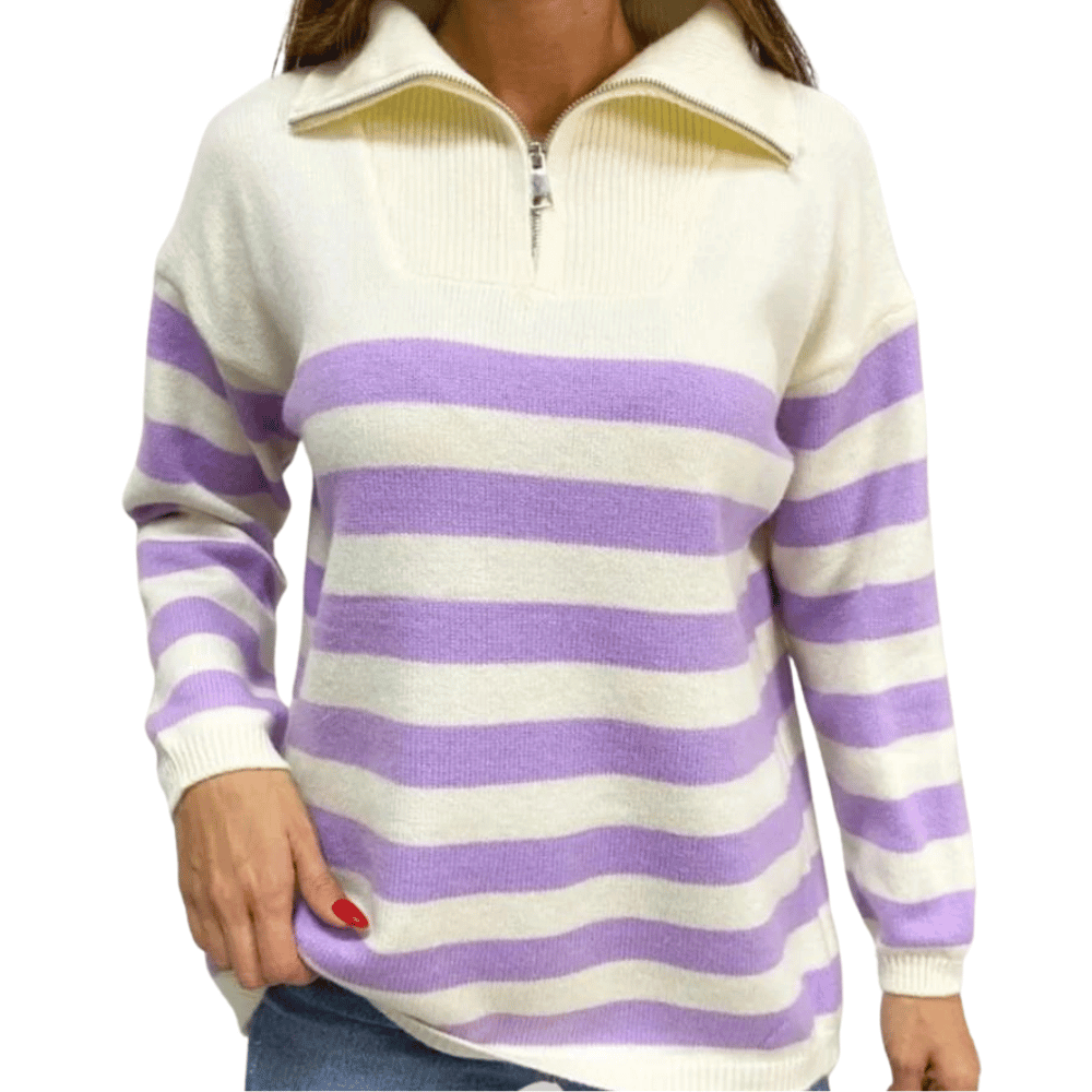 Gestreifter Damen-Pullover mit Reißverschlusskragen