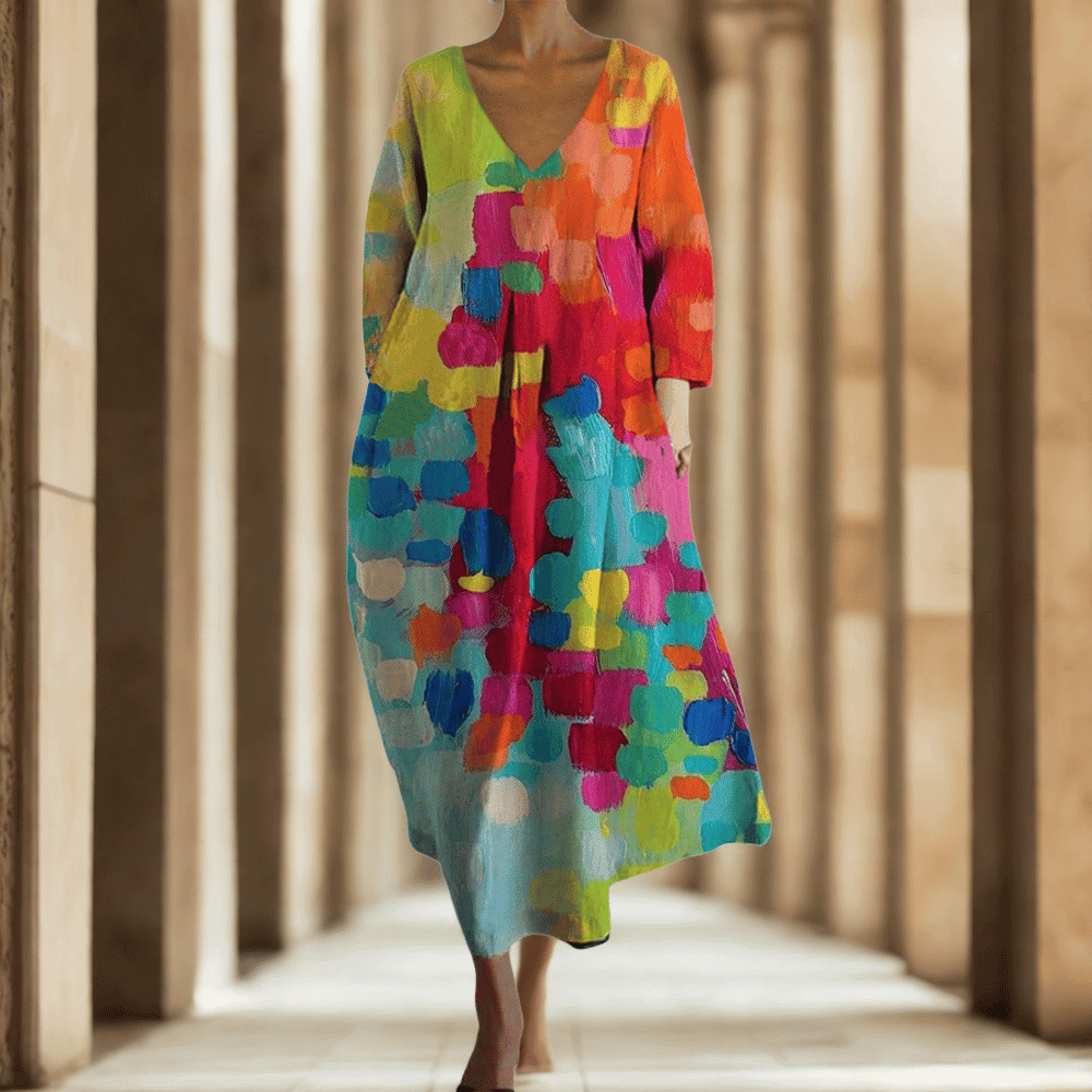 Sommerliches Damen Maxikleid mit künstlerischem Print: Ausdrucksstark & luftig