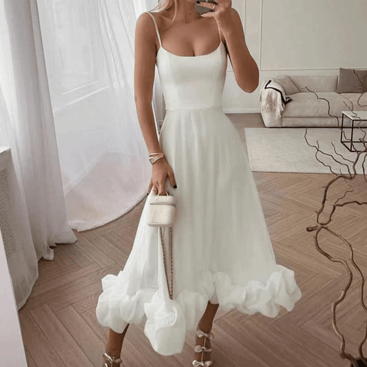 Romantisches Midikleid für Damen: Zarte Träger & verspielter Volantsaum