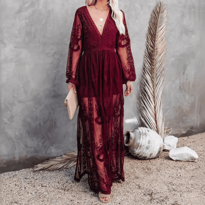 Transparantes Damen Maxikleid mit Spitzen: Romantik trifft Boho-Charme