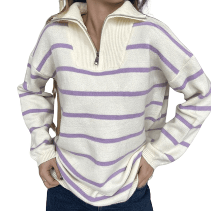 Lässiger Damen-Pullover mit Streifen und Reißverschluss