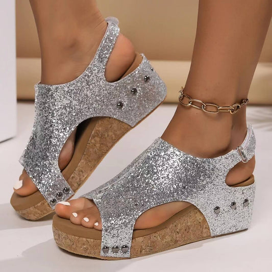 Glitzernde Keilabsatz-Sandalen für Damen: Funkelnd & Bequem
